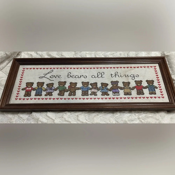 Other - LOVE BEARS ALL THINGS VINTAGE FRAMED Cross-stitched wall decor